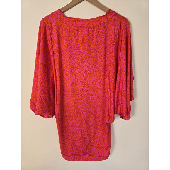 Trina Turk Pink Orange V-Neck Print Tunic Top Sz M Boho Resort Chic Blouse - Picture 5 of 6